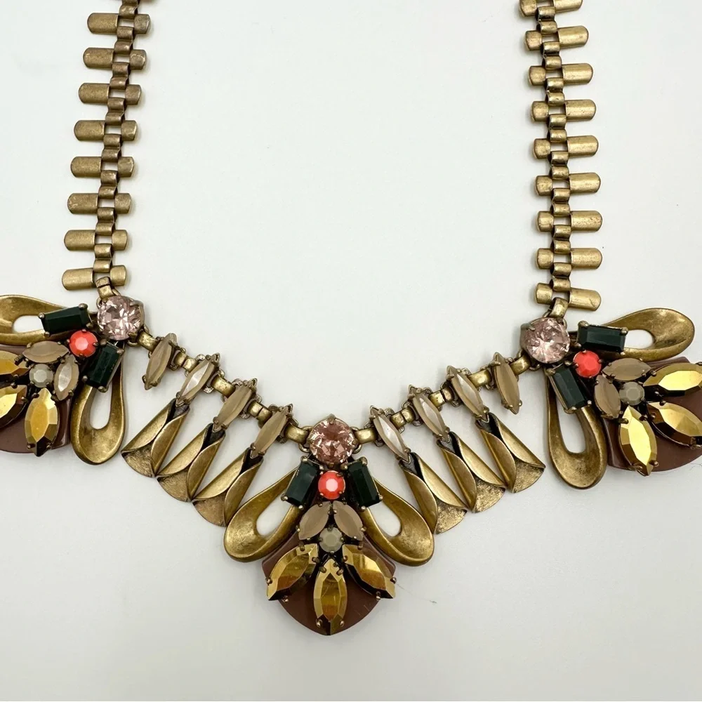 J. Crew Mixed Media Necklace Geometric Bee Antique Brass Crystal Taupe Peach